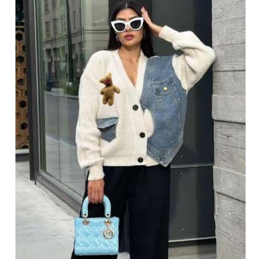 ShopEvelynne Cream and Blue Cardigan. Bear pin is not included